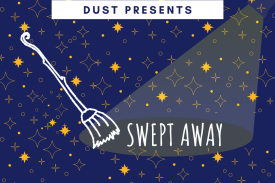 A graphic promoting Swept Away, featuring a broom sweeping dust away from the words &quot;Swept Away&quot; illuminated by a spotlight